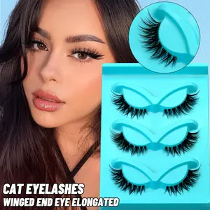 GROINNEYA Fox Eye Lashes, Volume False Eyelashes, Manga Spiky Volumized False Eyelashes Half Lashes Fluffy Faux Mink Eyelashes 5D Effect C Curl Fake Eye Lashes,Winged End Eye Elongated,3 Pairs Suitable For Vocation,Strip Lashes