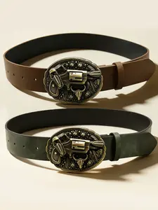 Western Left Revolver Buckle Belt, Vintage Denim Style Jeans Waistband, Retro Cowboy Fashion Accessory, Unisex Casual Wear
