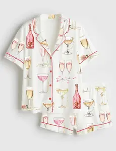 Women’s Pearls & Prosecco Bridal Shower Champagne Print Short Sleeve Silk Satin Pajama Set Soft Sleepwear