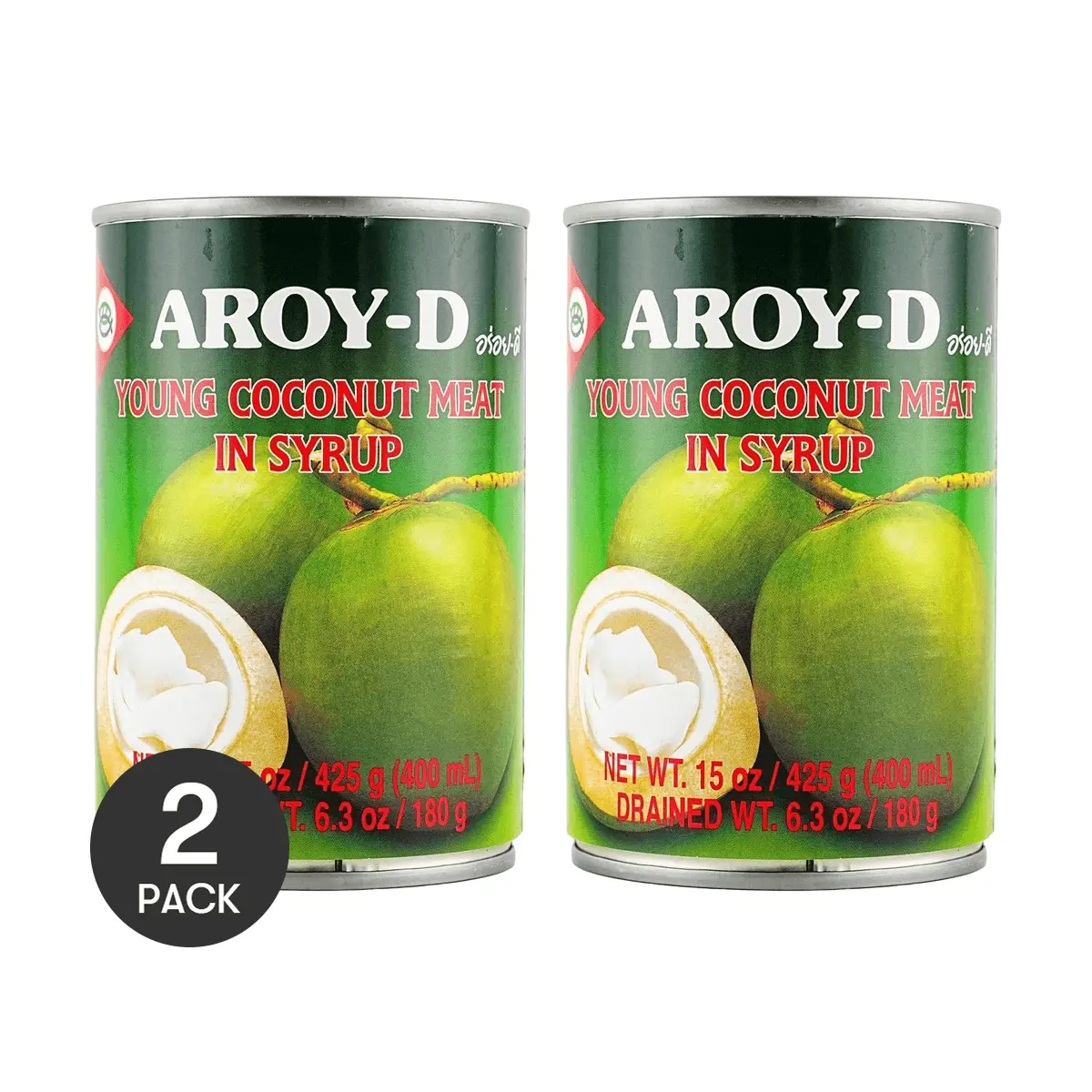 AROY-D Coconut Meat in Syrup - 2 Pack, 425g Each | Authentic Thai Canned Coconut