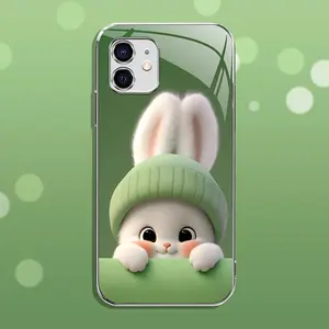 Light green rabbit panda for【iPhone 12 Mini】luxury electroplated glass mobile phone case --- 975