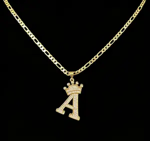 Meraki Crown Zircon Letter Pendant + 50+5 Figaro Chain  Dainty Jewelry Gift