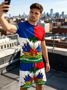 Haiti Theme Tropical Sports Set, Flag Elements 3D Print Menswear Men's Casual Two-Piece, Short Sleeve Loose-Fit Tee and Shorts