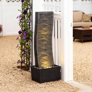 Curved Outdoor Waterfall Fountain 36.2" Elegant with LED Lights for Patio Garden Backyard Modern Large Relaxing Water Feature