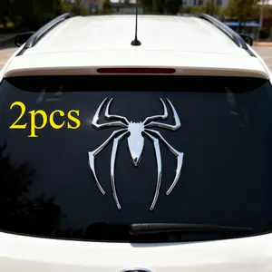 2pcs Level Up Your Car’s Style: Shiny Silver Spider Decal! Durable metal car sticker that turns your basic ride into the coolest one on the block