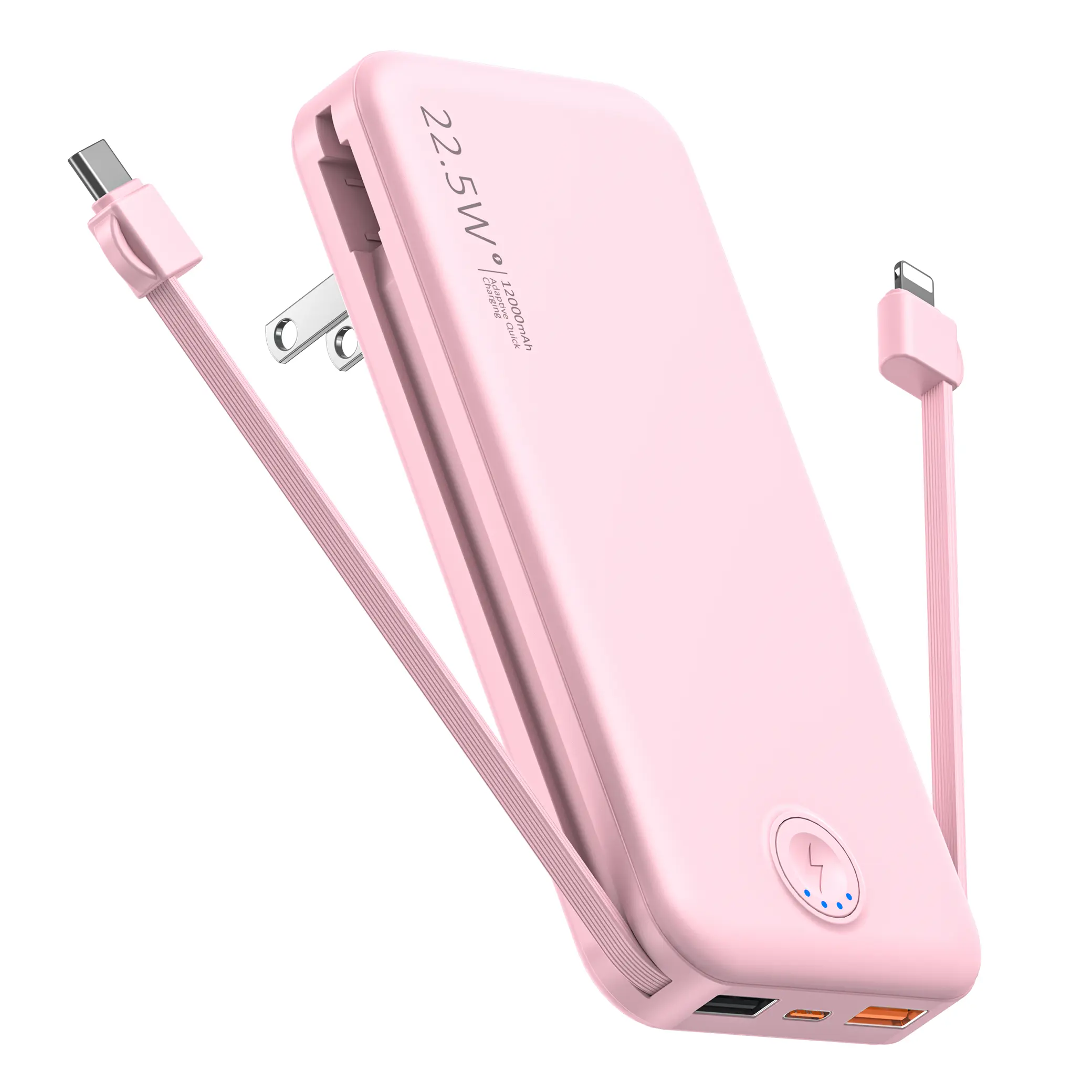 12000mAh Pink Power Bank 22.5W Fast Charging Built-in USB-C Cable AC Wall Plug Portable Charger for iPhone Samsung Travel