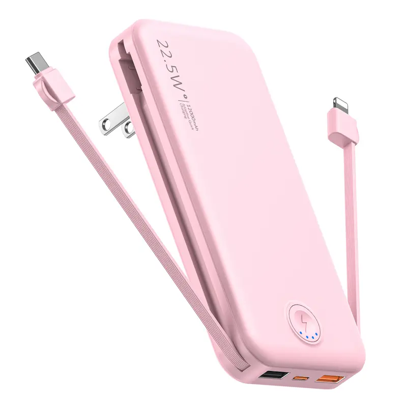 RETMSR AC-02 Compact 12000mAh Powerbank, 22.5W PD Fast Charging Portable Charger with Built-in USB-C Cable, Foldable AC Wall Plug, Dual USB+Type-C Ports, Airline-Friendly, Compatible with iPhone 16/15/14 Samsung Galaxy, Pink Gift