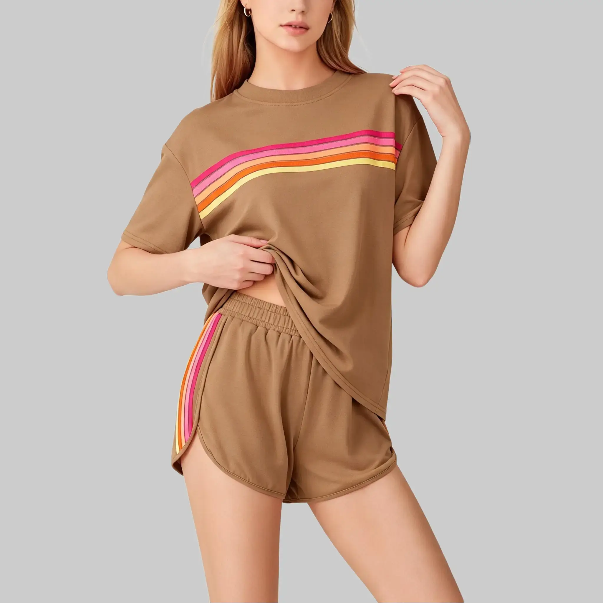 Women's 2 piece set, Retro-Inspired Striped Poly Blend Loungewear with Shortsleeve Round Neck Top and High Waist Bottoms with Pockets, Crew Neck, Above The Knee, Bright Color Stripes, Casual, Pajama Set, Nightwear