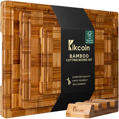 Kikcoin 3+1pcs Exclusive Checkerboard End Grain Bamboo Wooden Chopping Board Set with Holder - Thick-Cut, Heightened, Extra Large Butcher Block, Charcuterie Board, Handles, Juice Groove, Anti-Bacterial, Food Prep, Holiday Gift Kitchenware