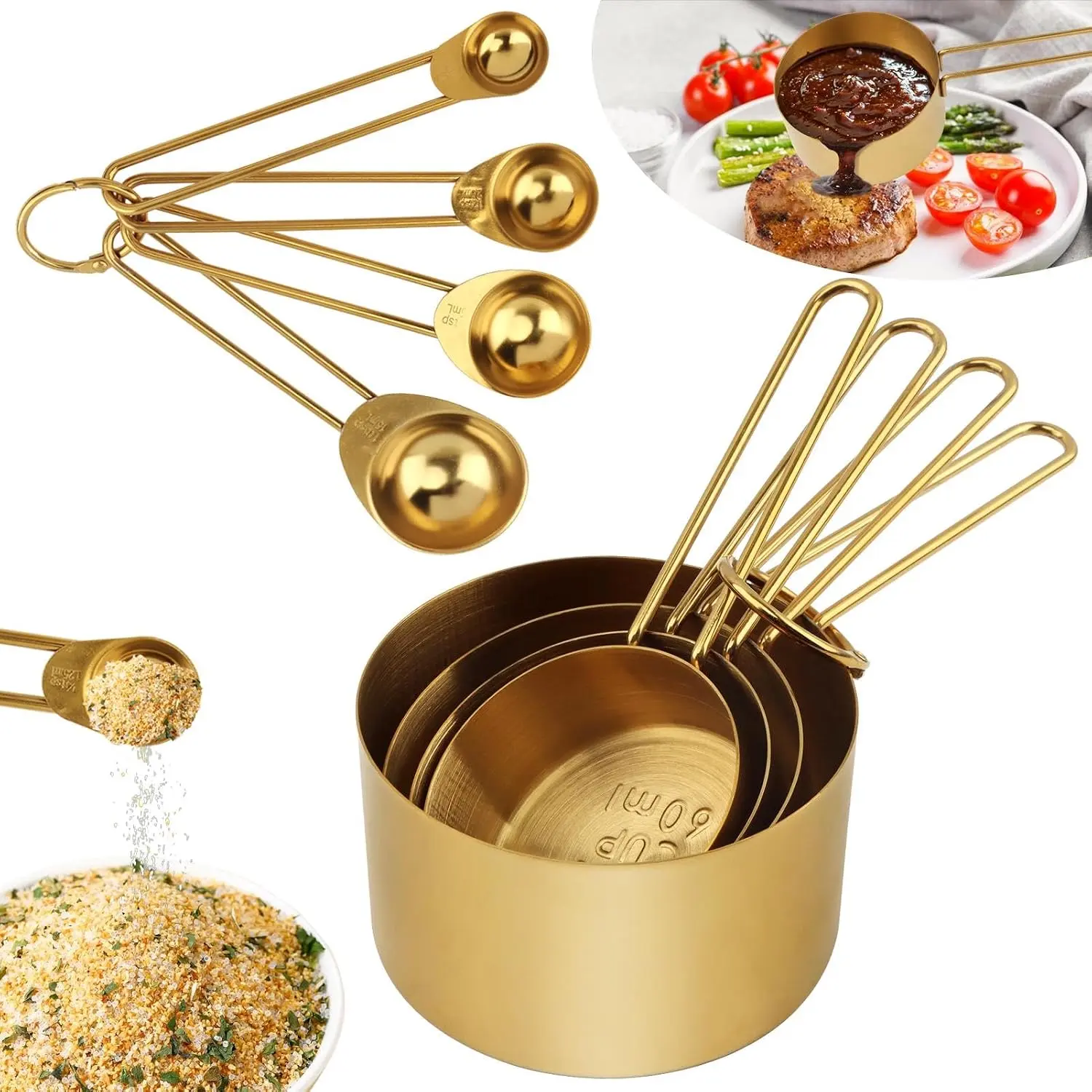 8-piece food grade measuring cup set, used for precise measurement and dispensing of spices and ingredients, is a useful tool for baking and cooking, equipped with a storage iron ring