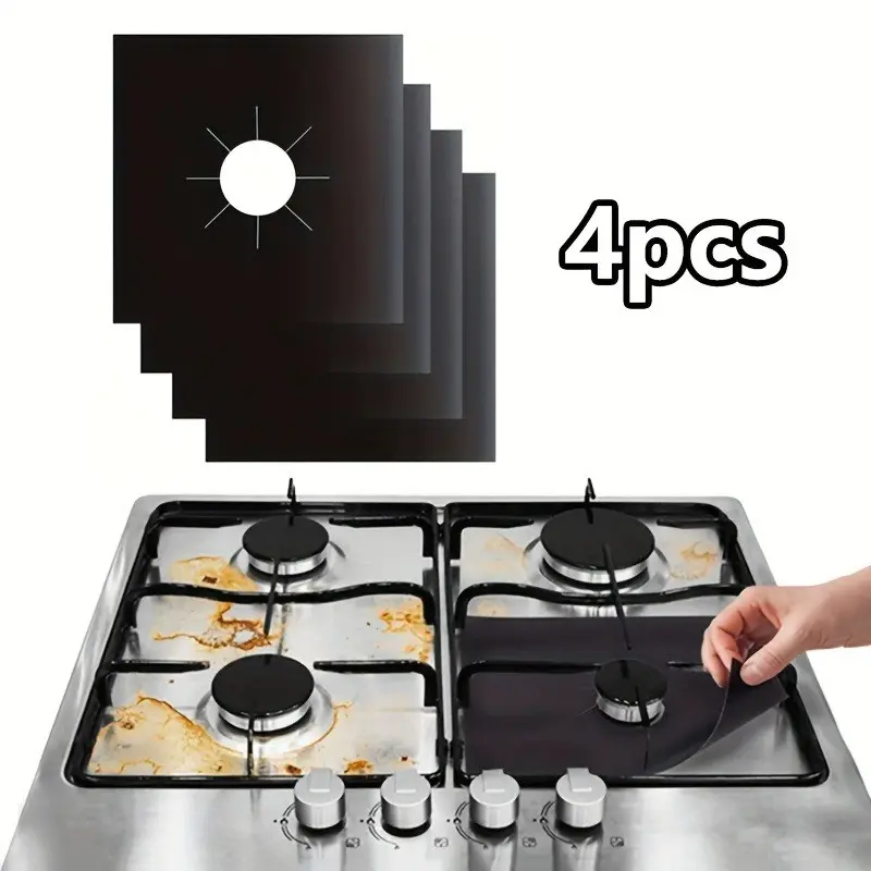 4 Pcs Teflon Stove Burner Covers, Gas Stove Burner Liners, Heat-Resistant Gas Stove Protectors, Non-Stick Oil & Stain Resistant, Easy to Trim & Wash, Durable Kitchen Mats, Household, Home