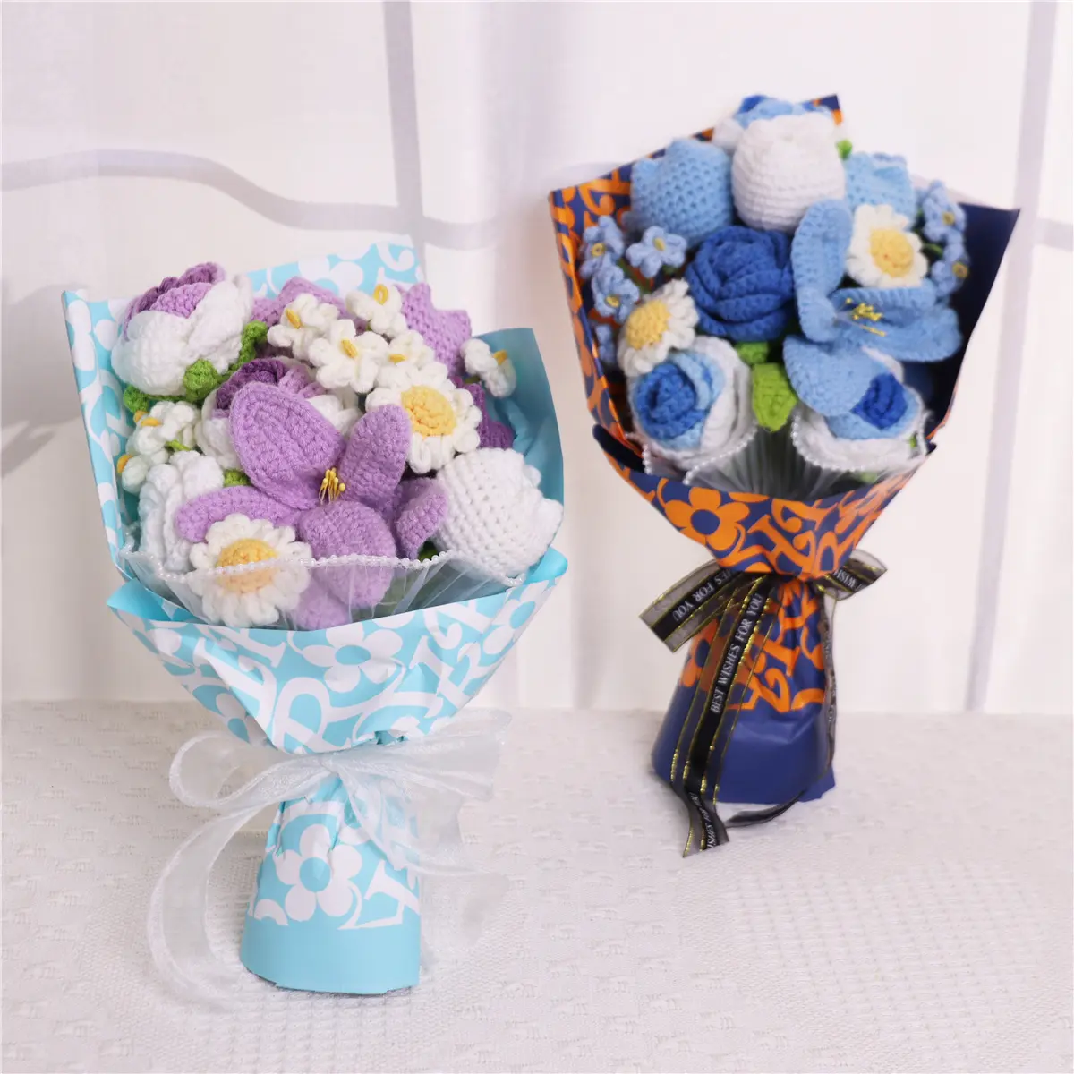 Crochet Blue Bouquet Artificial Roses Daisy Tulips for Women Birthday Anniversary Valentines Day Mother's Day Gift