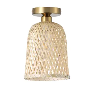 1-Light Bamboo Original Color Basket Shape Openwork Design Semi-Flush Mount Lighting bedroom living