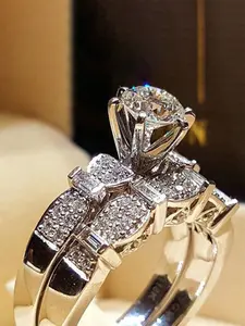2 Pcs/set Elegant Cubic Zirconia Ring For Women For Wedding Engagement Anniversary Party Jewelry Valentine's Day Gift Fashion Rings