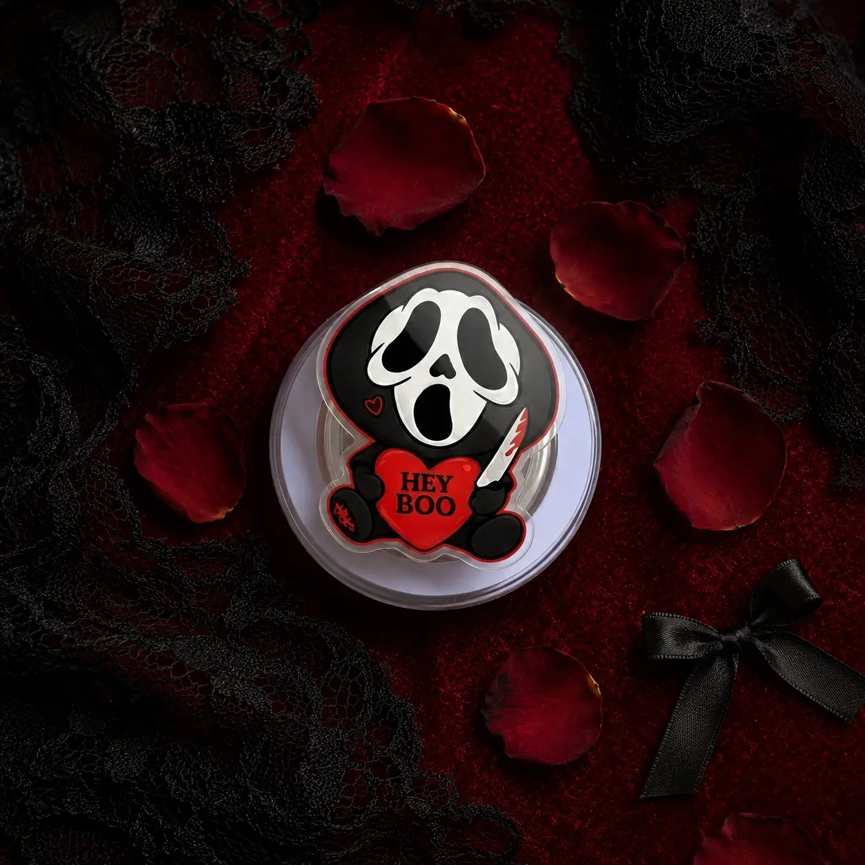 Aesthetic 2D Acrylic Cute Horror Mask Phone Grip, Hey Boo Heart Pop Socket, Spooky Phone Stand