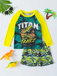 Titan Dinosaur Swimsuit, Fluorescent Cartoon Quick-Dry Sun Protection Two-Piece Set, Kids' Swimwear for Summer