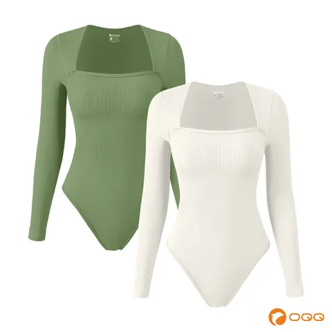 OQQfitness Women's Chic Minimalist Square Neck Long Sleeve Fitted Bodysuit Top - All-Season Elegant Underwear, Machine Washable, Summer Vacation Outfits