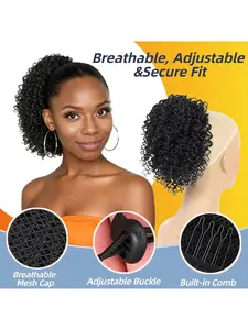 Women's Short Curly Afro Kinky Curly Hair Bun Wig, Synthetic Fiber Elastic Drawstring Ponytail Extension, Suitable for All Seasons & Sparse Hair