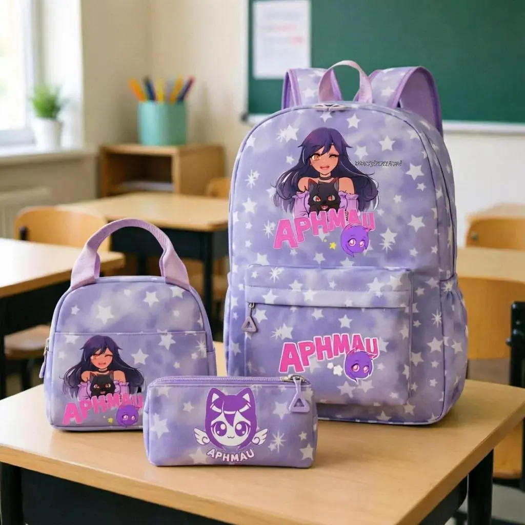 Aphmau Print Backpack Lunch Bag Pencil Bag 3pcs Teenager Travel Bag Mochila Students Bookbag Large Capacity School Bags