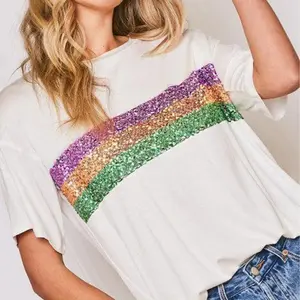 Women's White/Black Sequin Stripes Patchwork Mardi Gras Crew Neck Casual T Shirt