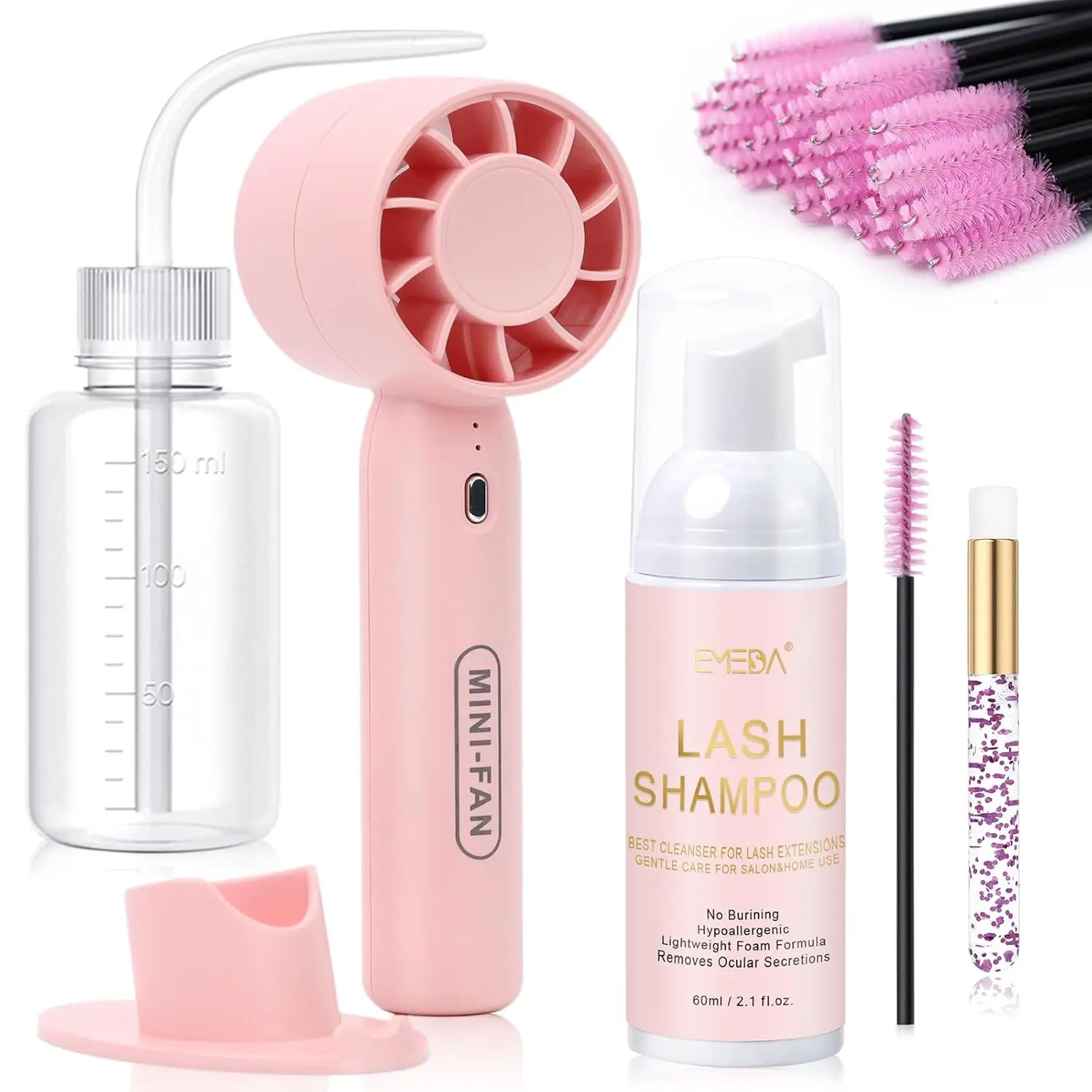Summer Spring Gifts Lash Shampoo Kit 2.02 fl oz Lash Cleaning Kit with Rechargeable Summer Spring Gifts Fan Dryer/Brush/Rinse Bottle, Oil-free Cleanser Wash for Extensions & Clusters & Natural