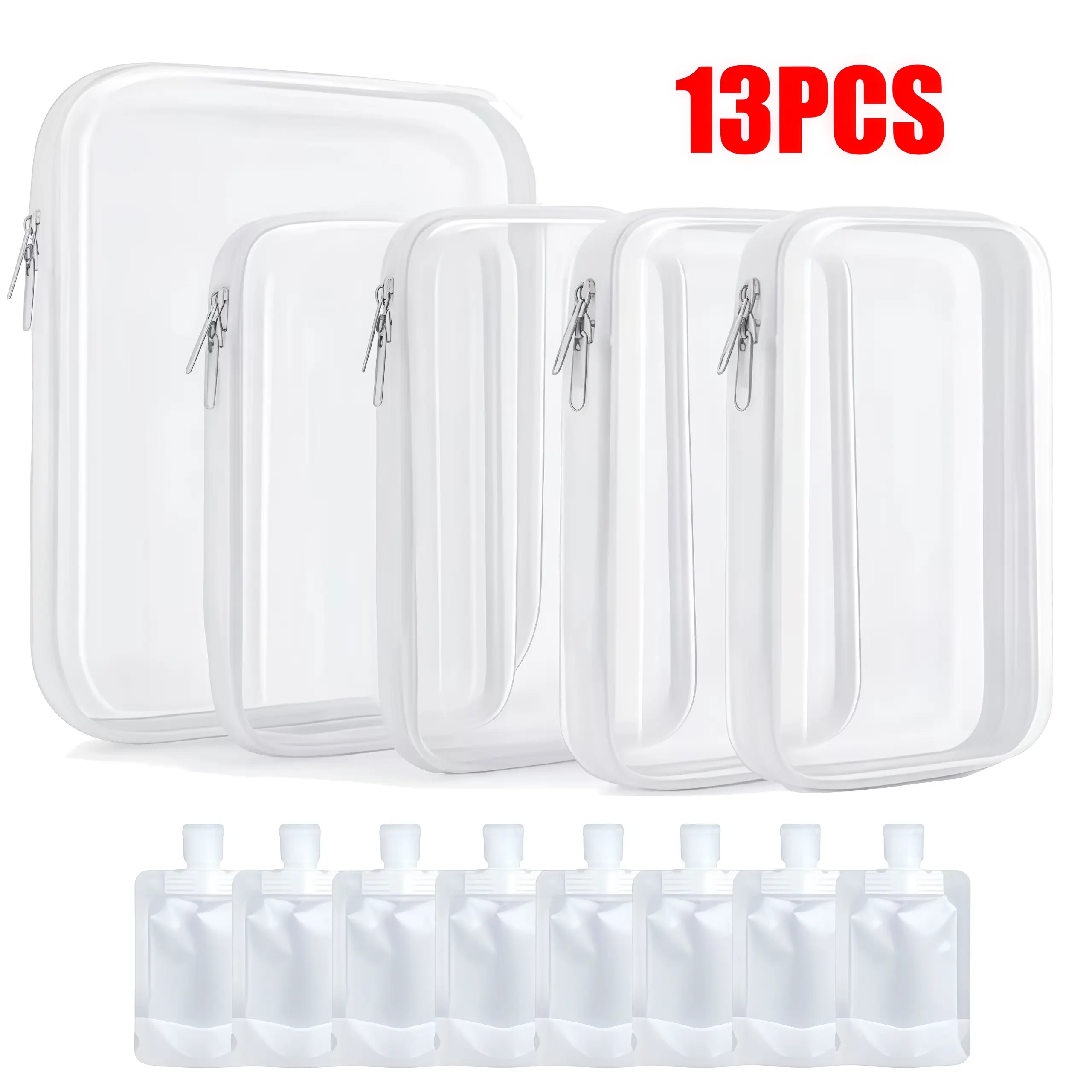 13Pcs Clear Travel Organizer Set, 5 Pack PET Hard Clear Zipper Storage Cases + 8 Reusable Liquid Pouches, Small Objects Girl Stuff Summer Pool Portable Travel Organizer Set Makeup Organizer Toy Storage Bins High Transparency Diapper Bag