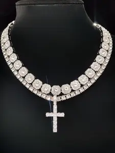 Artificial Zircon Decorated Cross Pendant Necklace & Chain Necklace, Cuban Cross Necklace, Punk Style Jewelry for Party, Daily Decor for Boy, Trendy Exquisite Hip Hop Jewelry for Birthday Gift