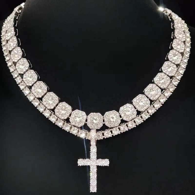 Artificial Zircon Decorated Cross Pendant Necklace & Chain Necklace, Cross Chain Design, Cuban Cross Necklace, Punk Style Jewelry for Party, Daily Decor for Boy, Trendy Exquisite Hip Hop Jewelry for Birthday Gift, Fashionable Accessory