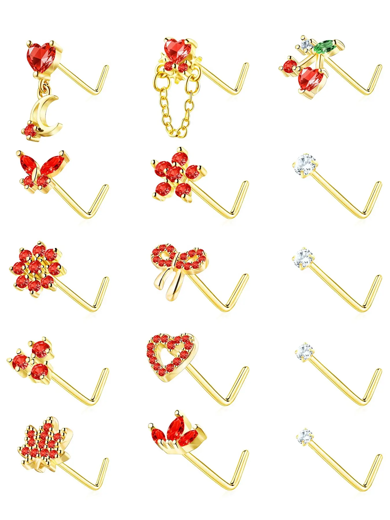 Women's L-Shaped Nose Rings Set, 20g Surgical Stainless Steel Gold Plated Cz Heart Butterfly Flower Design Jewelry, Nose Piercing Jewelry, Rhinestone Nose Ring, Cubic Zirconia, Body Jewelry, Body Jewellery
