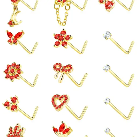 Women's L-Shaped Nose Rings Set, 20g Surgical Stainless Steel Gold Plated Cz Heart Butterfly Flower Design Jewelry, Nose Piercing Jewelry, Rhinestone Nose Ring, Cubic Zirconia, Body Jewelry, Body Jewellery