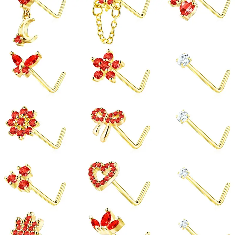 Women's L-Shaped Nose Rings Set, 20g Surgical Stainless Steel Gold Plated Cz Heart Butterfly Flower Design Jewelry, Nose Piercing Jewelry, Rhinestone Nose Ring, Cubic Zirconia, Body Jewelry, Body Jewellery