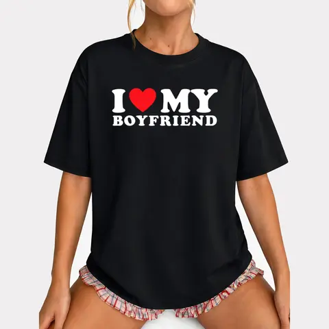 I Love My Boyfriend I Heart My Boyfriend BF T-Shirt Lovers Gift Black Casual Crew Neck  Tee Girlfriend Clothes Menswear Top, streetwear,  summer outfits, guys gifts, summer clothes, gifts for him, graphic tee, men's shirts, t shirt