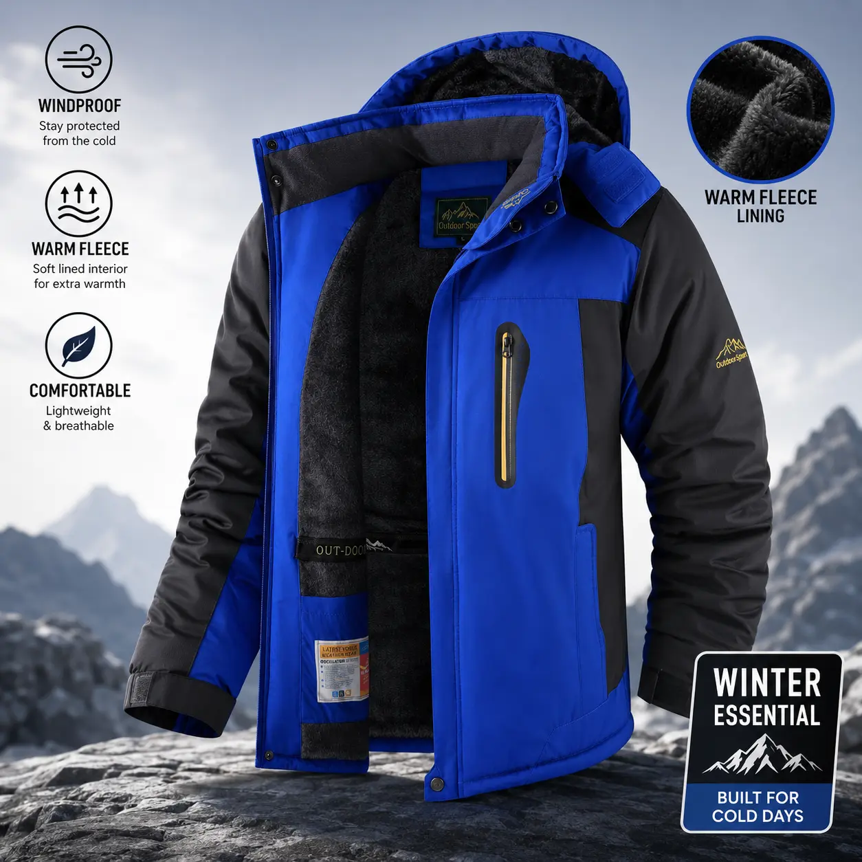 Men's Winter Snow Jacket with Warm Fleece Lining, Waterproof Windproof Hooded Thermal Outdoor Coat, Thick Sports Jacket for Hiking Running Camping Fishing Mountaineering Travel Skiing and Sledding collar coat