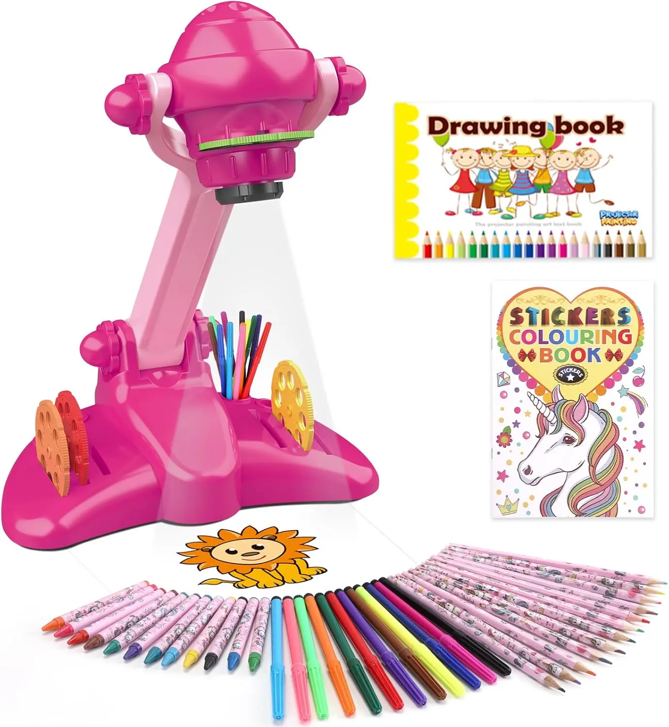 Kids' Drawing Projector Art Craft Kits - Complete Craft Set, Drawing Supplies Kit with Colored Pencils, Crayons, Coloring Books, Educational Arts & Crafts Toy for 3+ Year Old Girls (Pink v2)