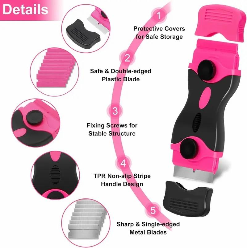 Pink Razor Blade Scraper Tool Set, 2-in-1 Glass Cooktop Scraper with 10 Plastic & 10 Metal Blades, Non-Scratch Sticker Paint & Caulk Remover for Windows, Oven Door, Ceramic Tile