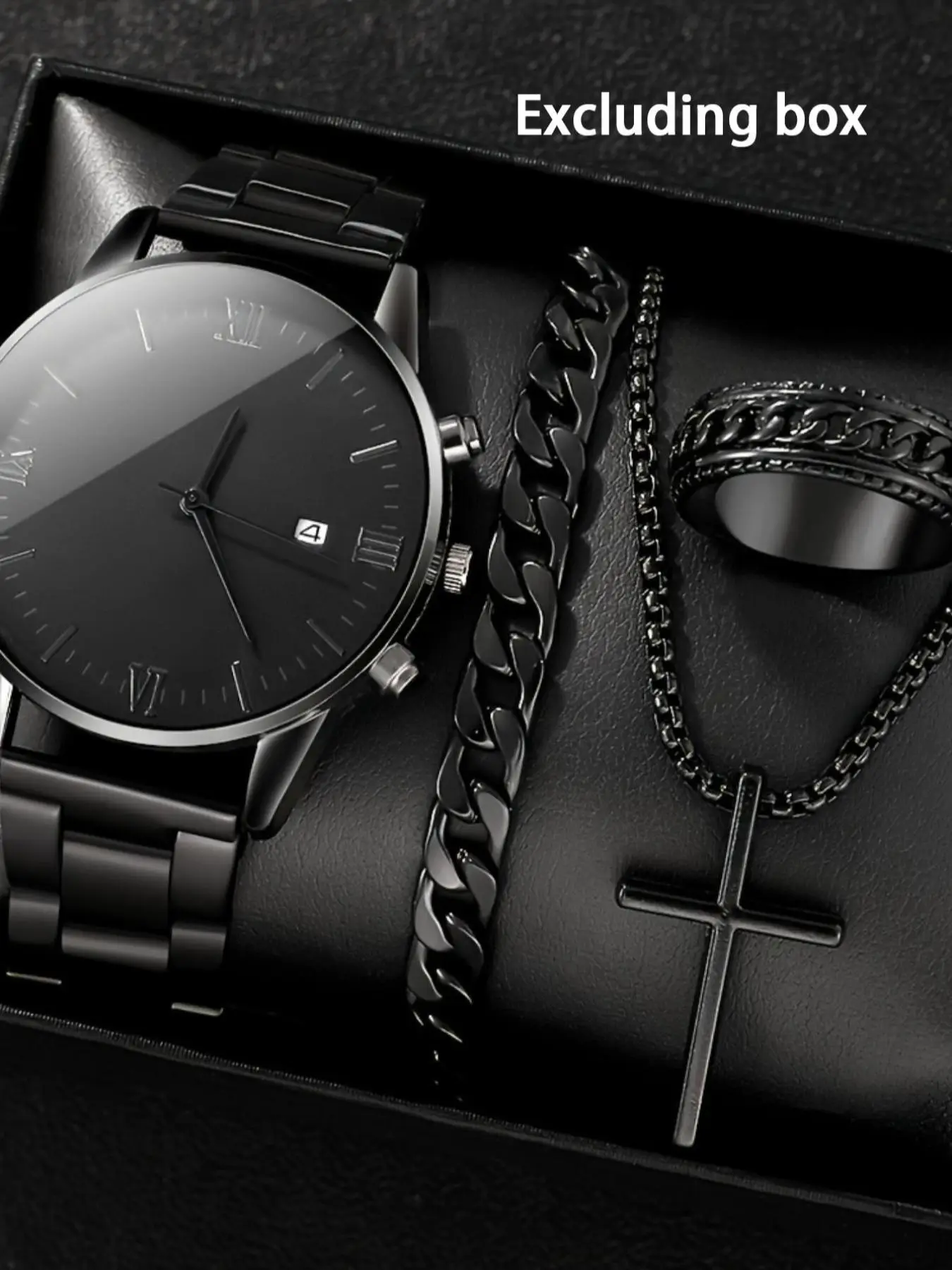 Men's Business Fashion Watch Set, Including Round Dial Watch & Chain Bracelet & Ring & Pendant Necklace, Trendy All-match & Exquisite Watch & Jewelry