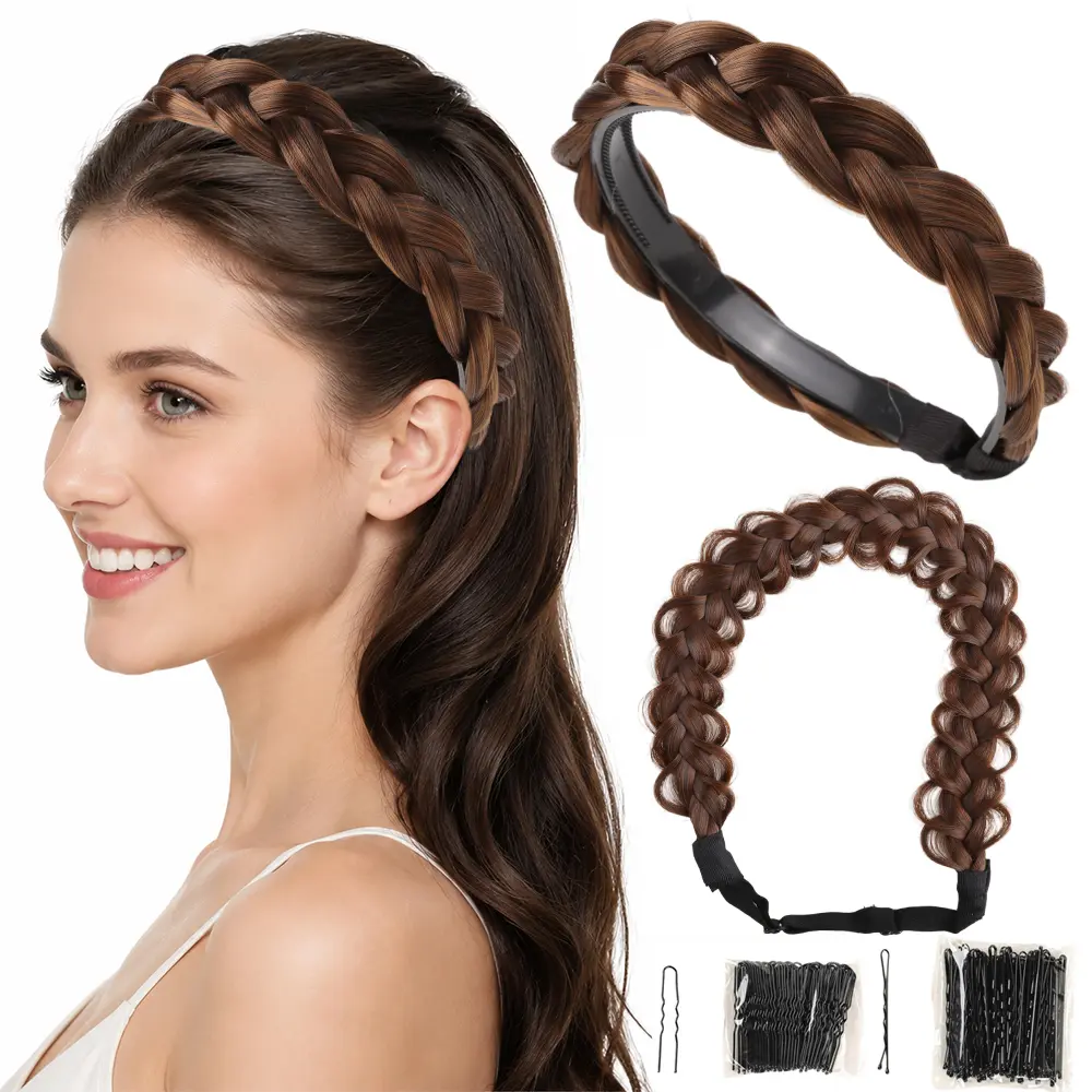2 pack Adjustable Braided Headband Synthetic Hair Plaited Headband Stretch Hairpiece for Daily Wedding Party Birthday