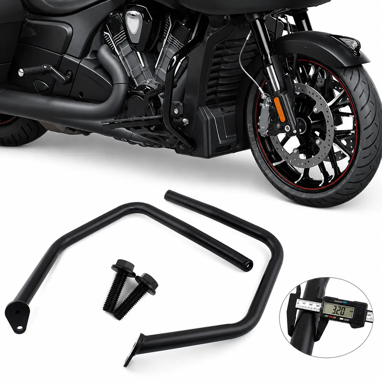 32mm Steel Front Engine Highway Crash Bar Kit - 1 x Left Front Engine Guard, Bolt-On, Hardware Incl., Compatible with Indian Challenger, Pursuit, Roadmaster, Chieftain Powerplus 2020-2025