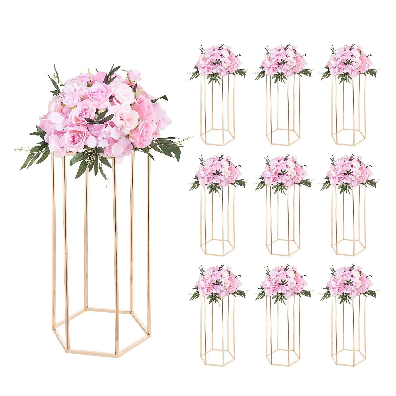 VEVOR Luxury Steel Wedding Floral Decoration Stands, 10PCS 23.62-in Modern Geometric Hexagonal Cubic Racks with Acrylic Laminate, 15kg Gold Luxe Shine Centerpieces for Weddings, Home#SohoChic