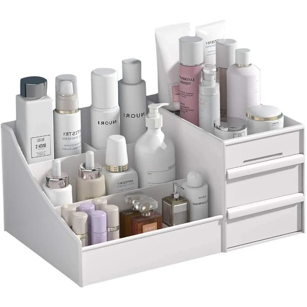skin care organizer,Makeup Desk Organizer With Drawers,Organizer for Cosmetics,Vanity brush with Holder for Lipstick, Brushes, and Jewelry Desktop Finishing Dresser (White) A-Large-White
