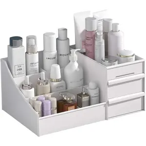 skin care organizer,Makeup Desk Organizer With Drawers,Organizer for Cosmetics,Vanity brush with Holder for Lipstick, Brushes, and Jewelry Desktop Finishing Dresser (White) A-Large-White