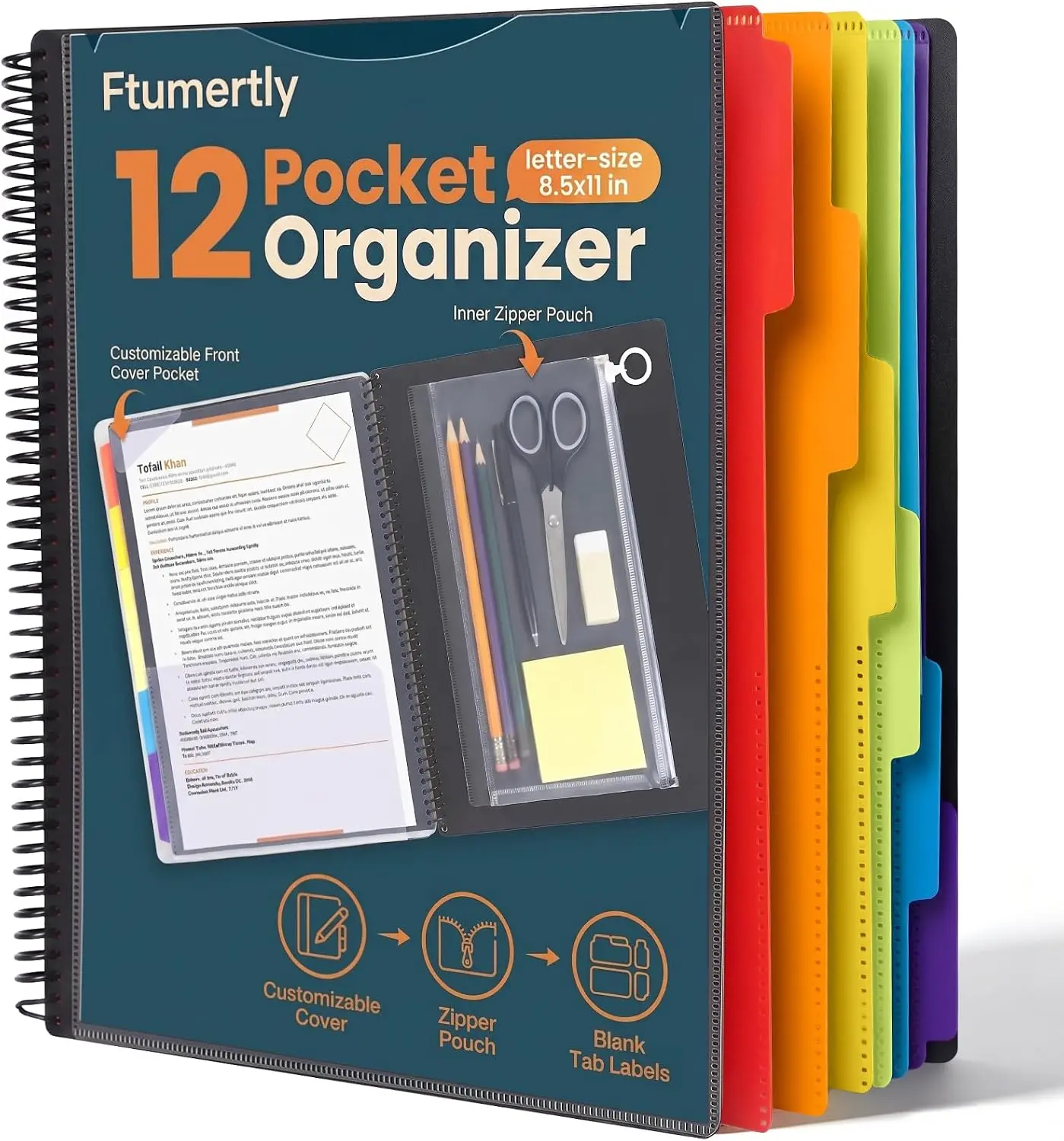 12 Pocket Folder Organizer with 6 Dividers, Letter Size Document Storage Folder, Multi-Pocket File Organizer with Zipper Pouch, Labels & Clear Cover Pocket for Office, School & Travel
