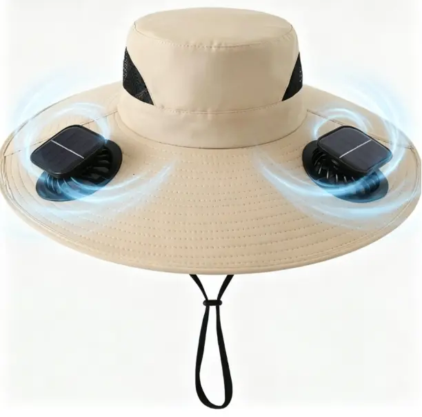 Solar Fan Sun Hat with Wide Brim, Dual Fan Outdoor Bucket Hat for Men and Women, Breathable Adjustable Summer Hat for Fishing Camping Hiking Beach Garden