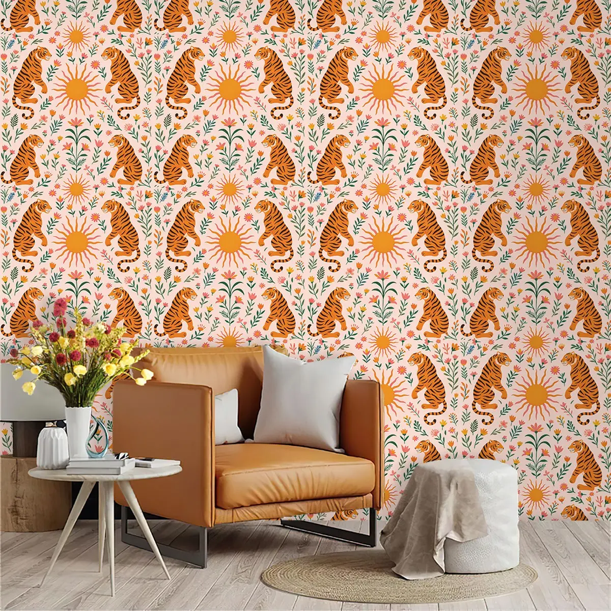 Tiger Sun Tropical Flower Wallpaper, PVC Adhesive Back, Peel and Stick, Kitchen Living Room Bedroom Wall Decor, Large Area Transformation