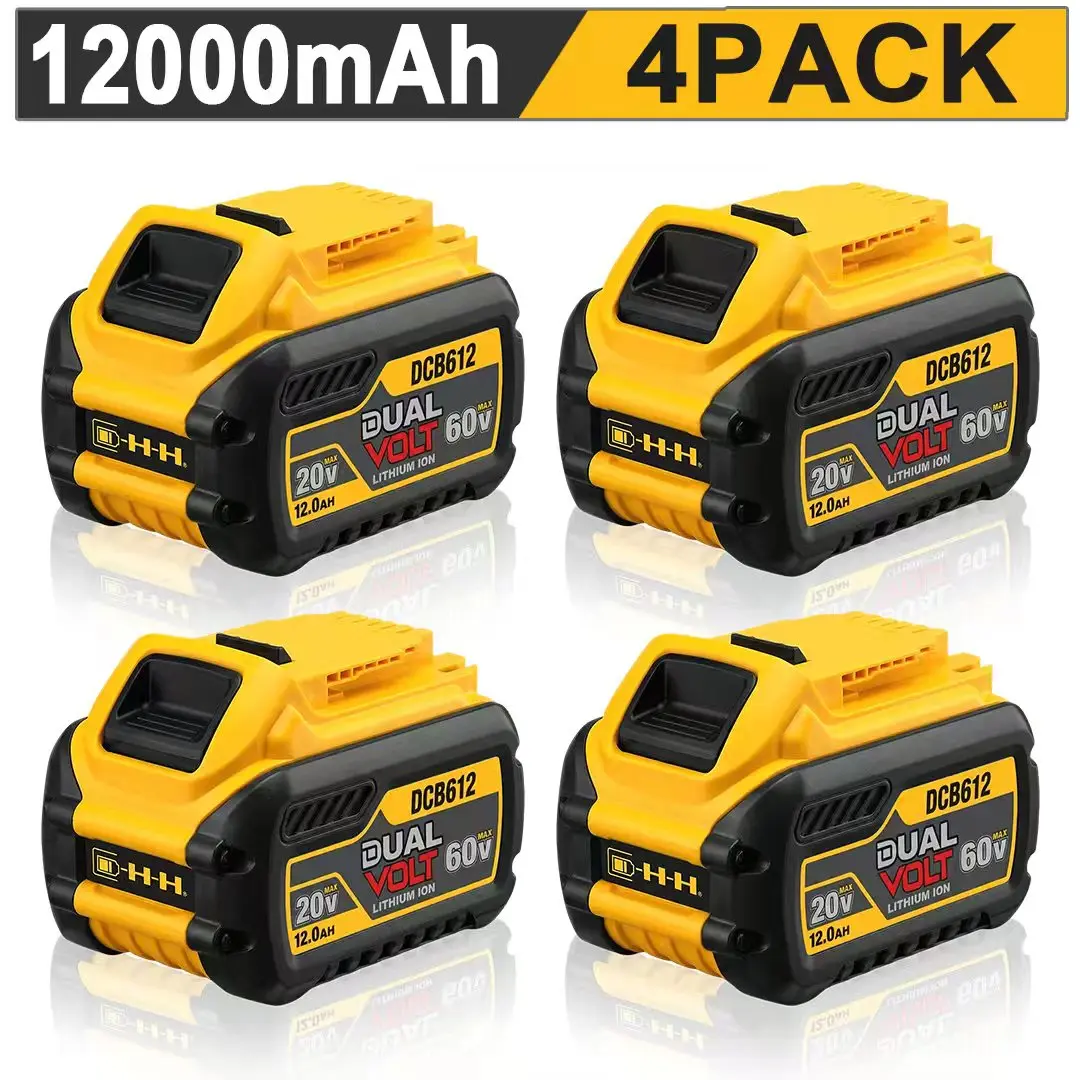 4-Pack Rechargeable 12.0Ah Lithium lon Batteries 20V DCB612 Series Replacement for DeWalt 20V/60V MAX Flex-Volt DCB609 DCB612 DCB606 Heavy Duty Metal-Plastic Impact Tools CordlessPower Tool Accessories