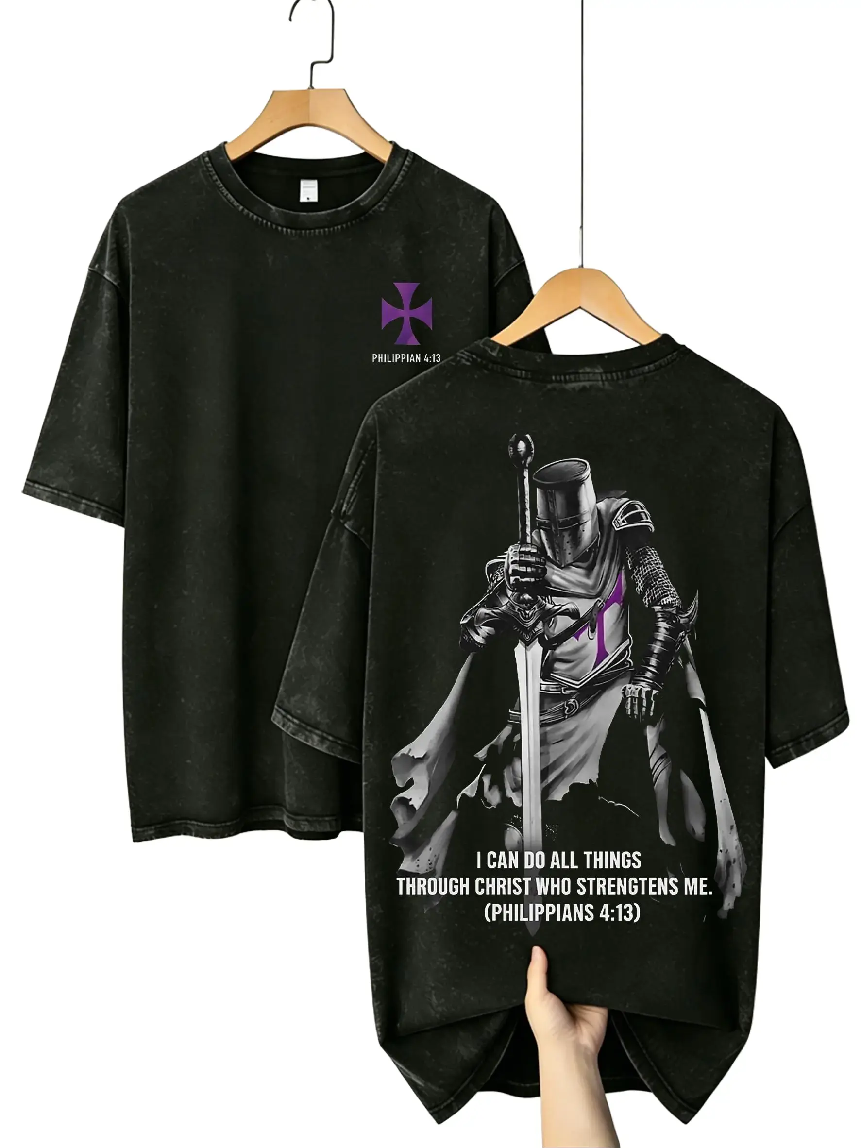 Philippians 4:13 Knight Oversized Washed T-Shirt, Christian Armor Graphic Tee, 230G Heavyweight Vintage Black Faith Streetwear Shirt for Men and Women long  summer casual shirt cotton skeleton funny meme trendy short sleeve top attire everyday