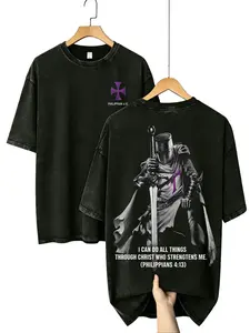 Philippians 4:13 Knight Oversized Washed T-Shirt, Christian Armor Graphic Tee, 230G Heavyweight Vintage Black Faith Streetwear Shirt for Men and Women long clothing loose fit summer casual shirt cotton skeleton funny meme