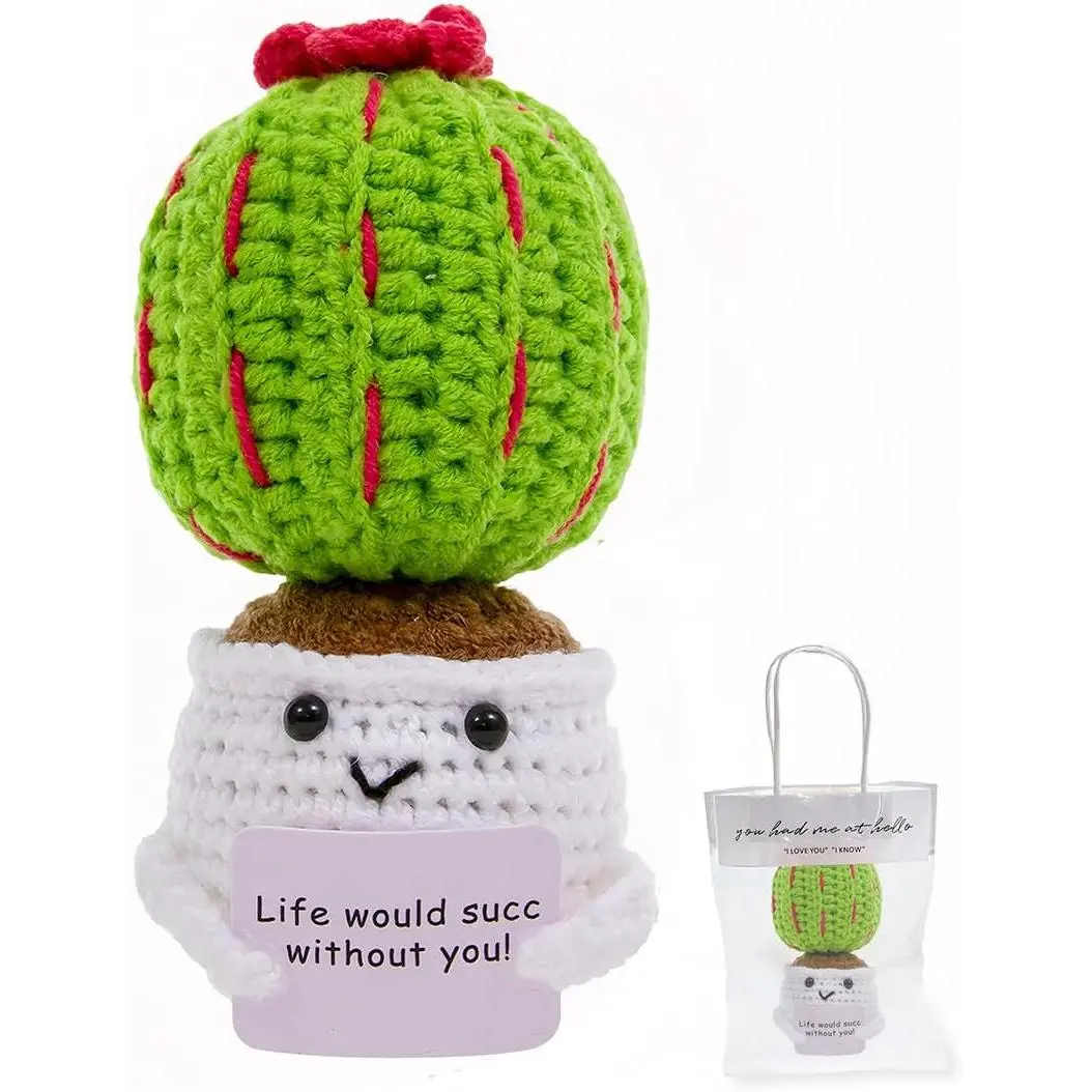 Handmade Crochet Succulent in Pot Emotional Support Crochet Plants Home Decor with Sweet Message Crochet Desk Decoration for a Sweet Gifts (Succulent-a)