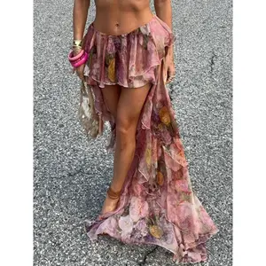 Women's Floral Print High Low Vintage?Skirt, Boho Fashion Ruffle Trim Tiered Layer Flared Skirt for Beach Holiday Vacation, Ladies Summer Clothes, Skirts for Women, Bohemian Womenswear