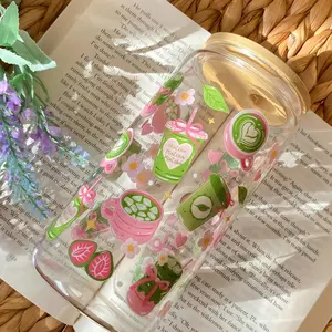 Ice Tea Matcha Bow Glass Straw Cup, Can Shape with Lid and Straw, 16.9 Oz Large Capacity, Cold Drink Cup for Coffee, Matcha, Juice, Beverages, Tumbler Drinkware